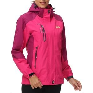 Outdoor Sport Jacket Women L Bright Pink Removable Hood Hiking Skiing Waterproof